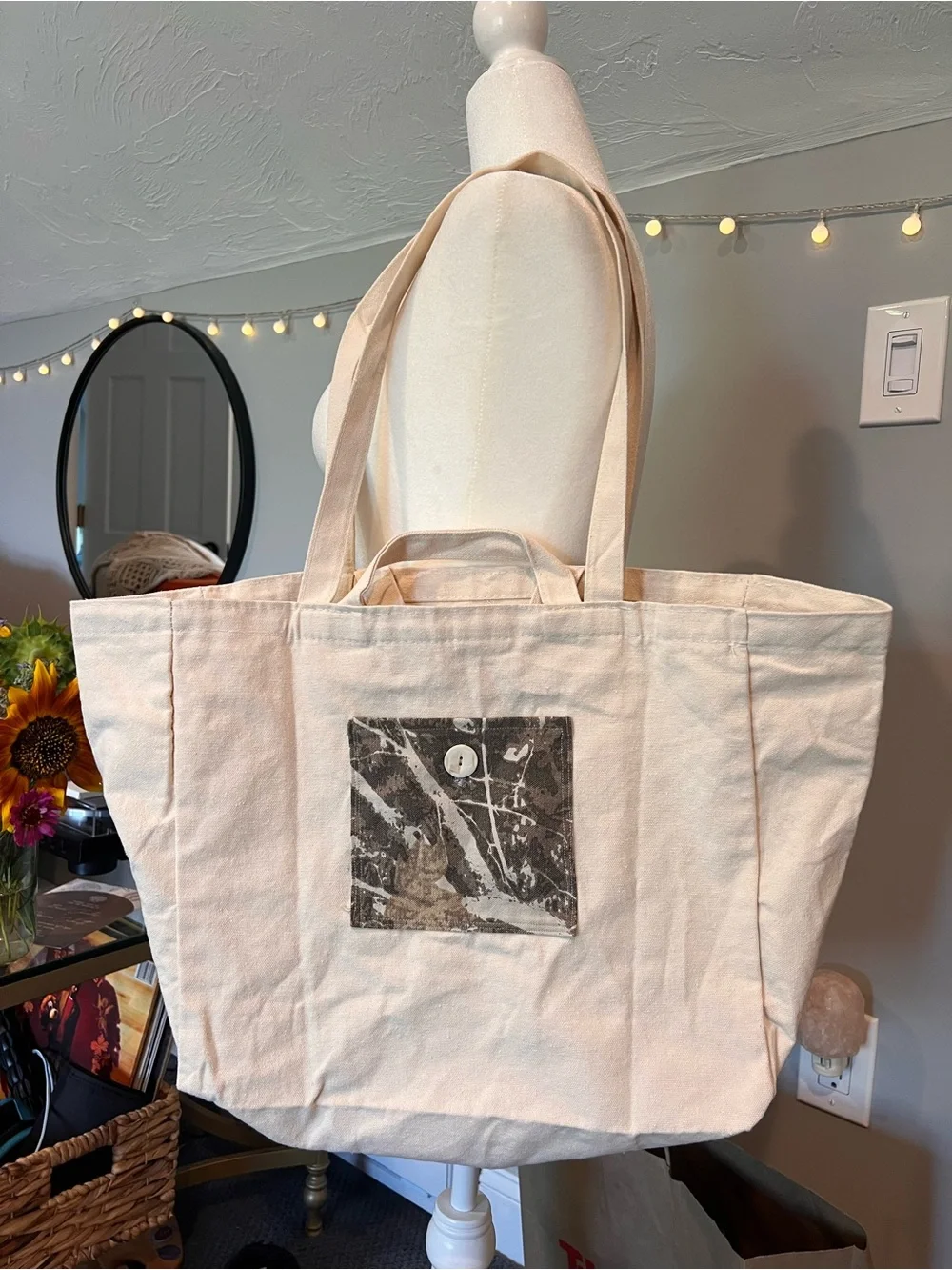 Canvas Tote Bag with Camo Pocket (both sides)